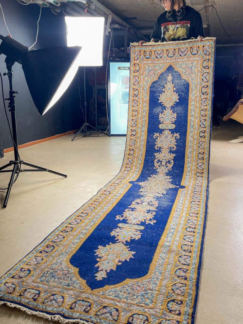 upea sininen kirman käytävämatto 300 x 80 cm