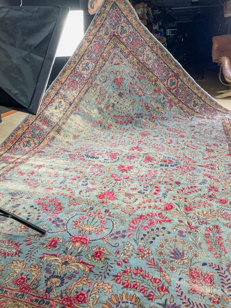 puoliantiikkinen taivaansininen kirman 1940 luvulta 340 x 243 cm
