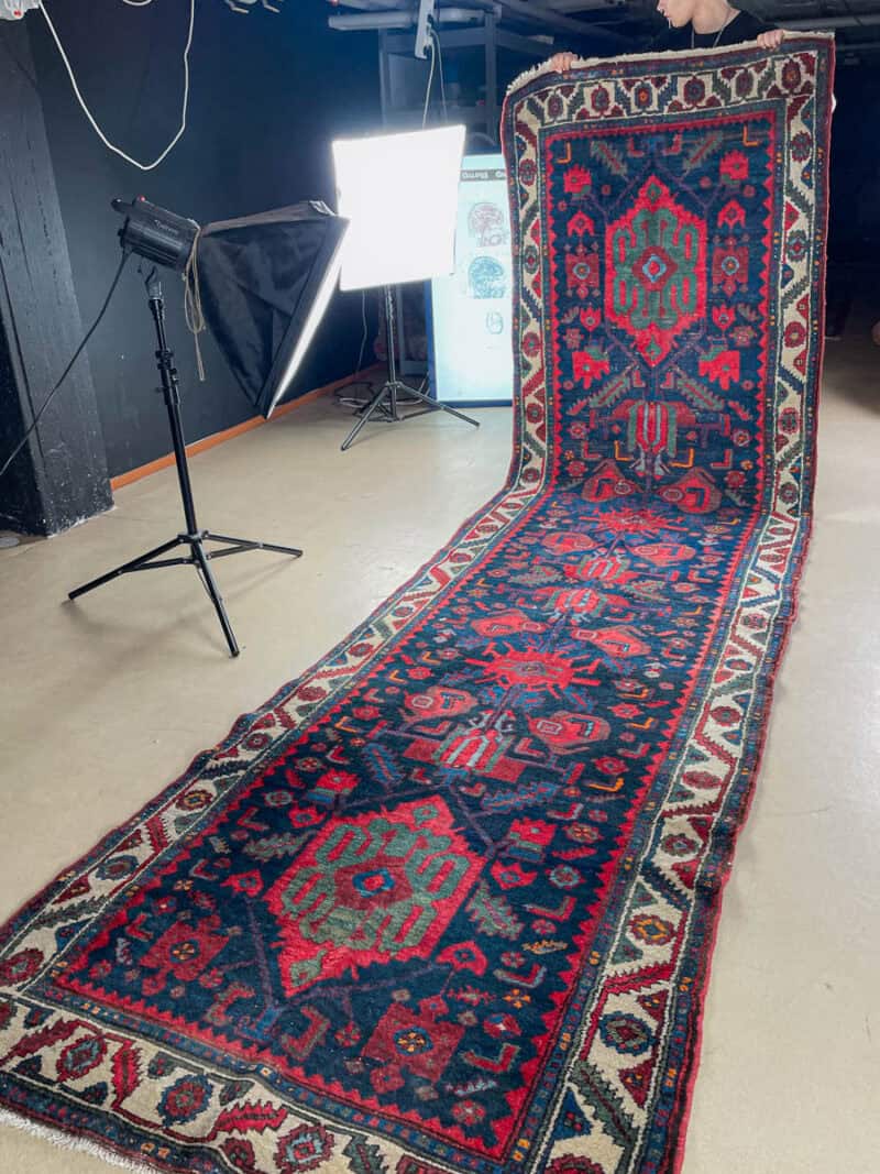 yönsininen hamadan käytävämatto 1970 luvulta 416 x 107 cm