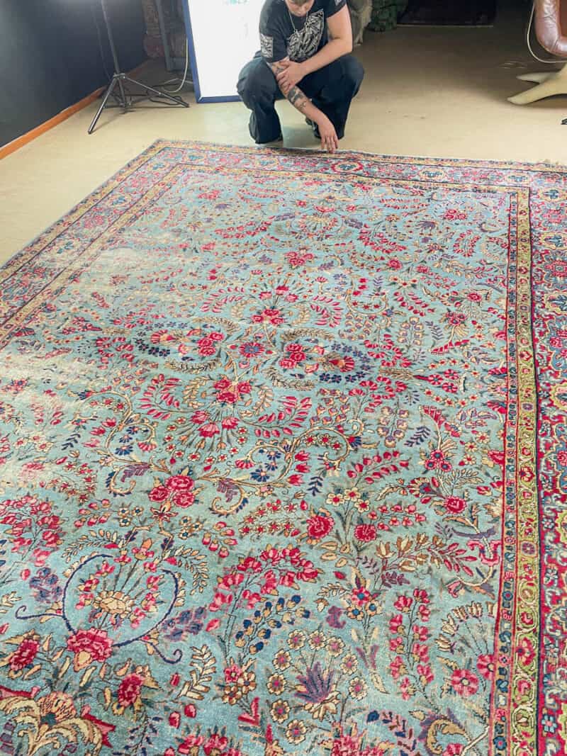 puoliantiikkinen taivaansininen kirman 1940 luvulta 340 x 243 cm