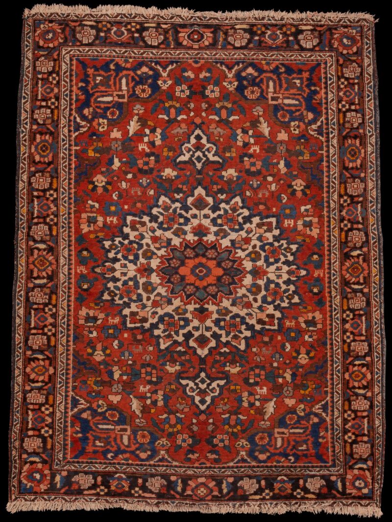Punainen käsinsolmittu Bahtijaari-villamatto, 198 × 154 cm