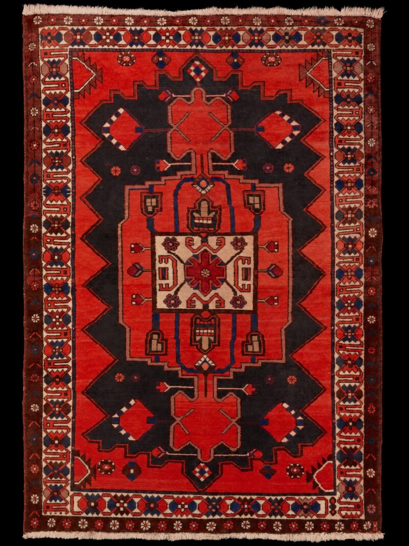 Punainen käsinsolmittu Bahtijaari-villamatto, 219 × 156 cm