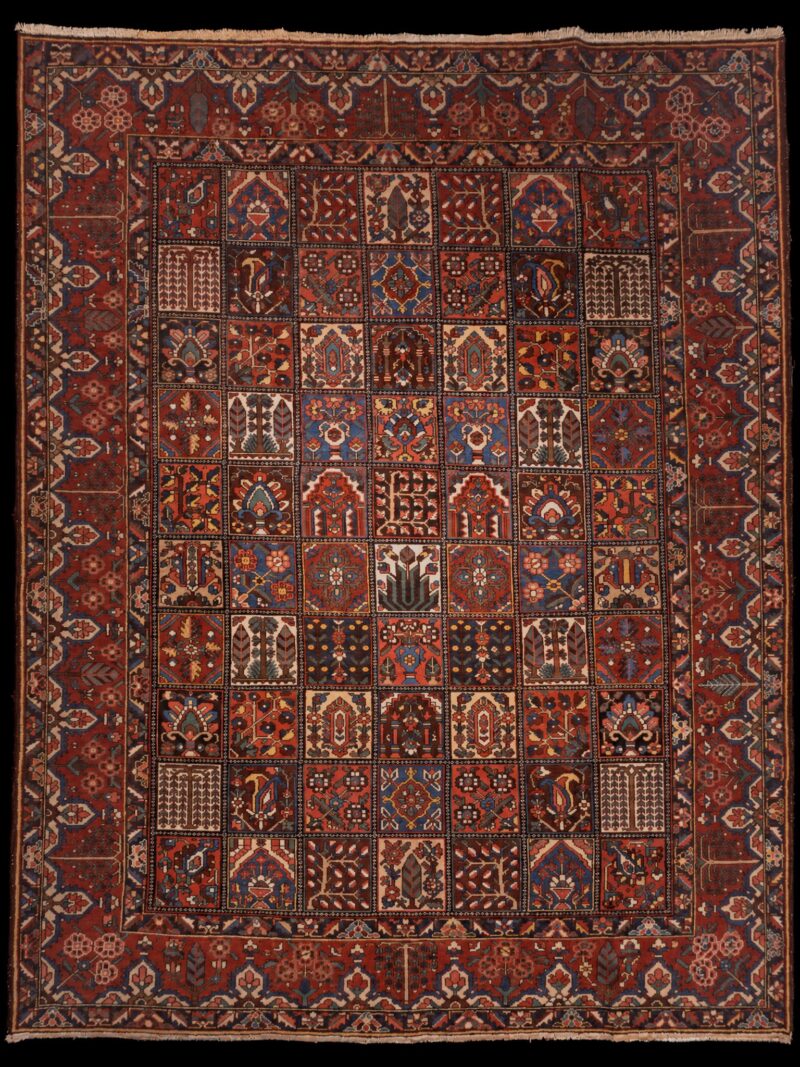 Punainen käsinsolmittu Bahtijaari-villamatto, 376 × 308 cm
