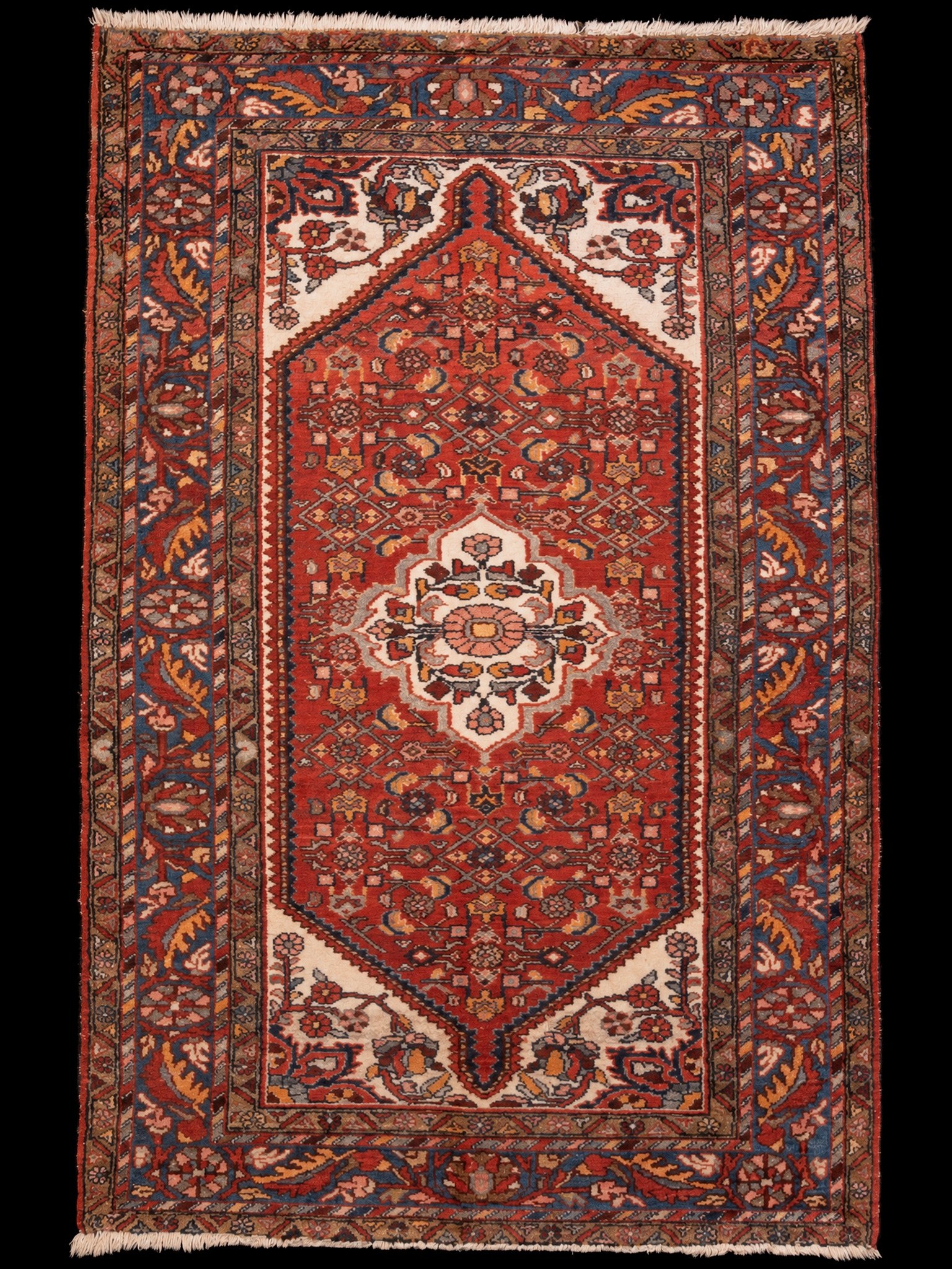 Punainen käsinsolmittu Hamadan-villamatto, 213 × 143 cm