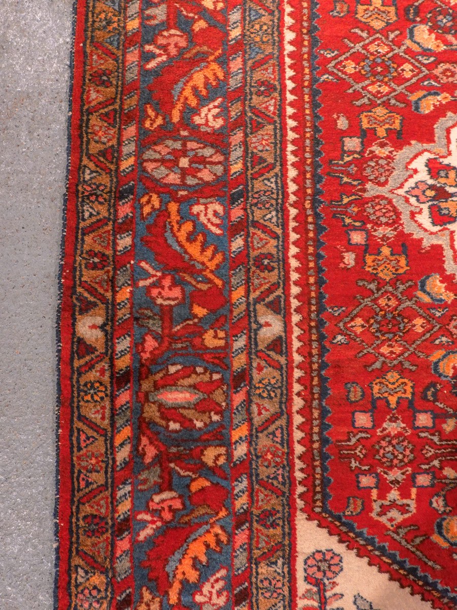 Punainen käsinsolmittu Hamadan-villamatto, 213 × 143 cm