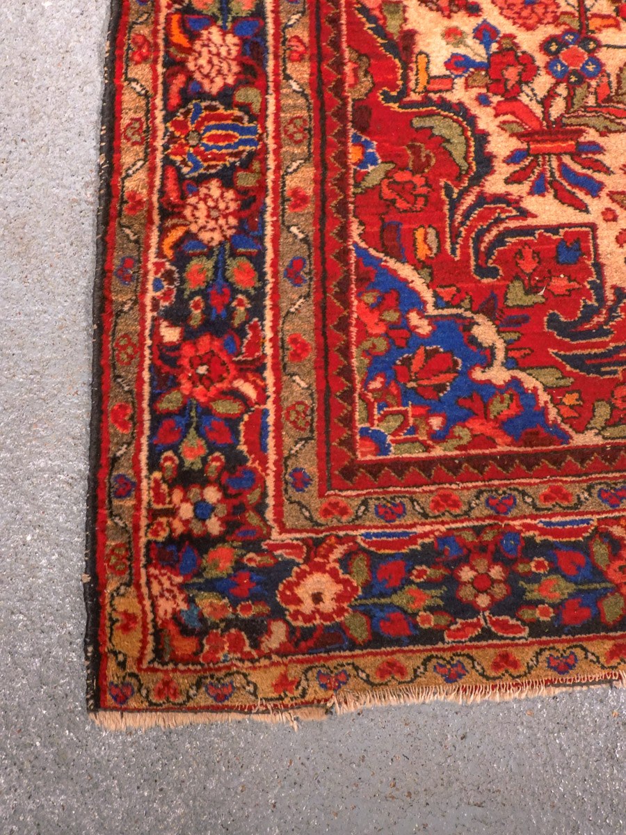 Punainen käsinsolmittu Hamadan-villamatto, 222 × 143 cm