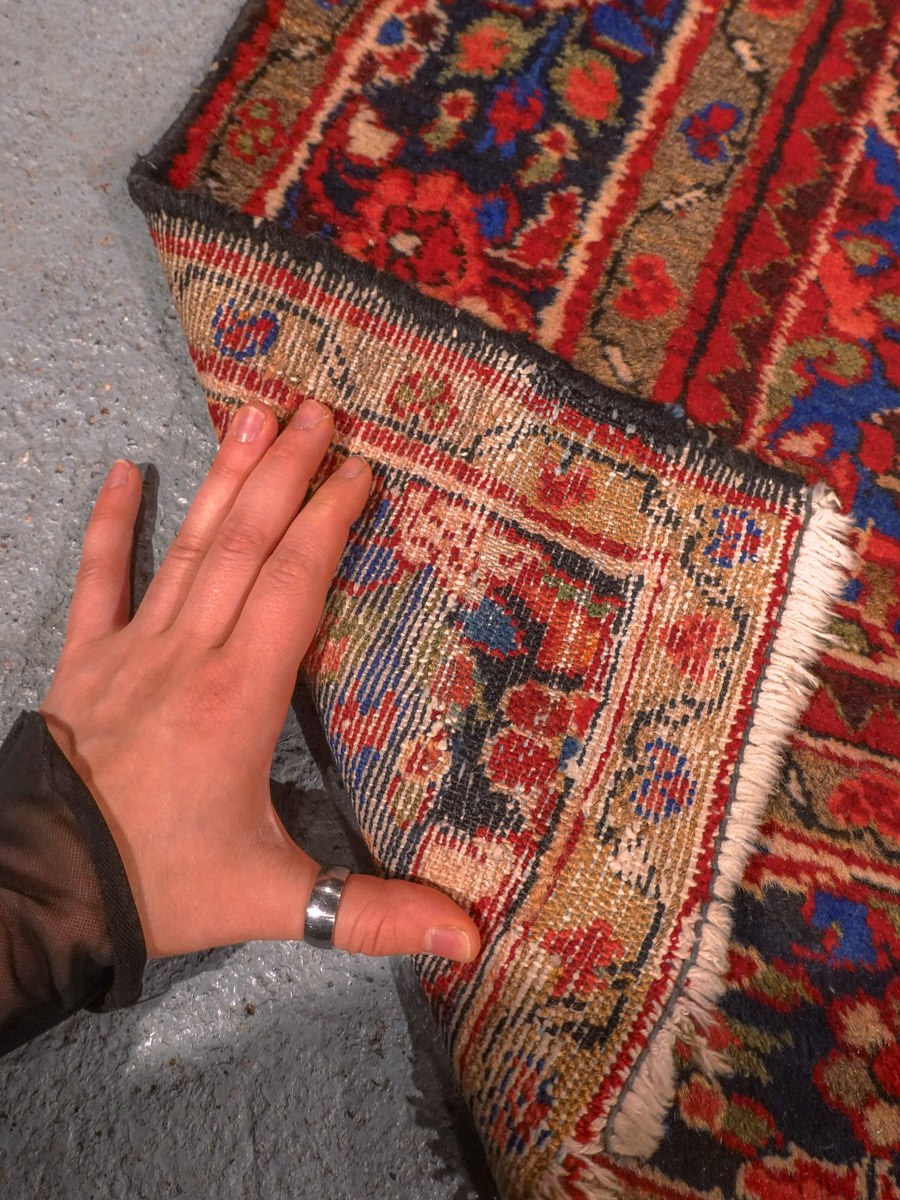 Punainen käsinsolmittu Hamadan-villamatto, 222 × 143 cm
