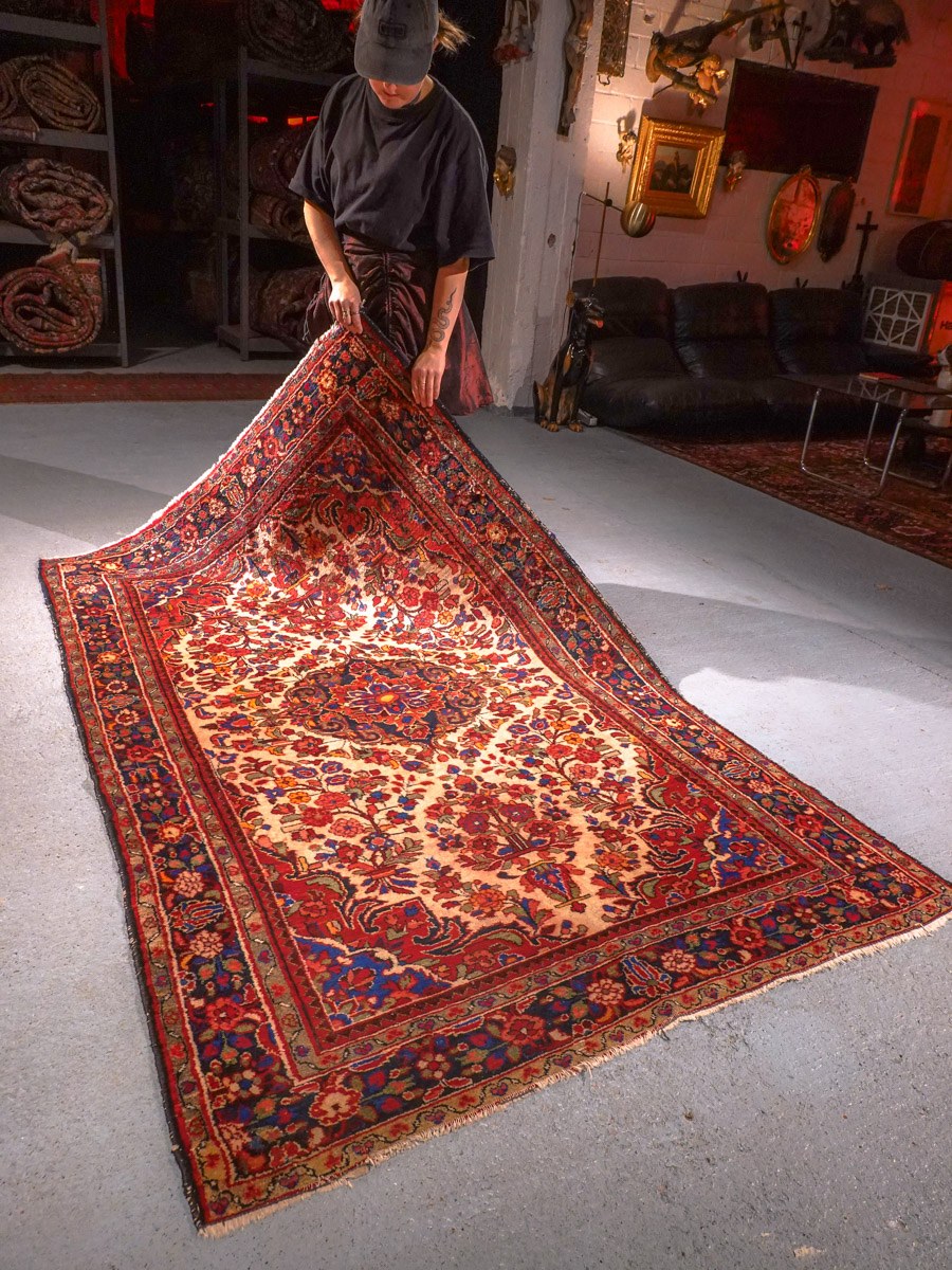Punainen käsinsolmittu Hamadan-villamatto, 222 × 143 cm