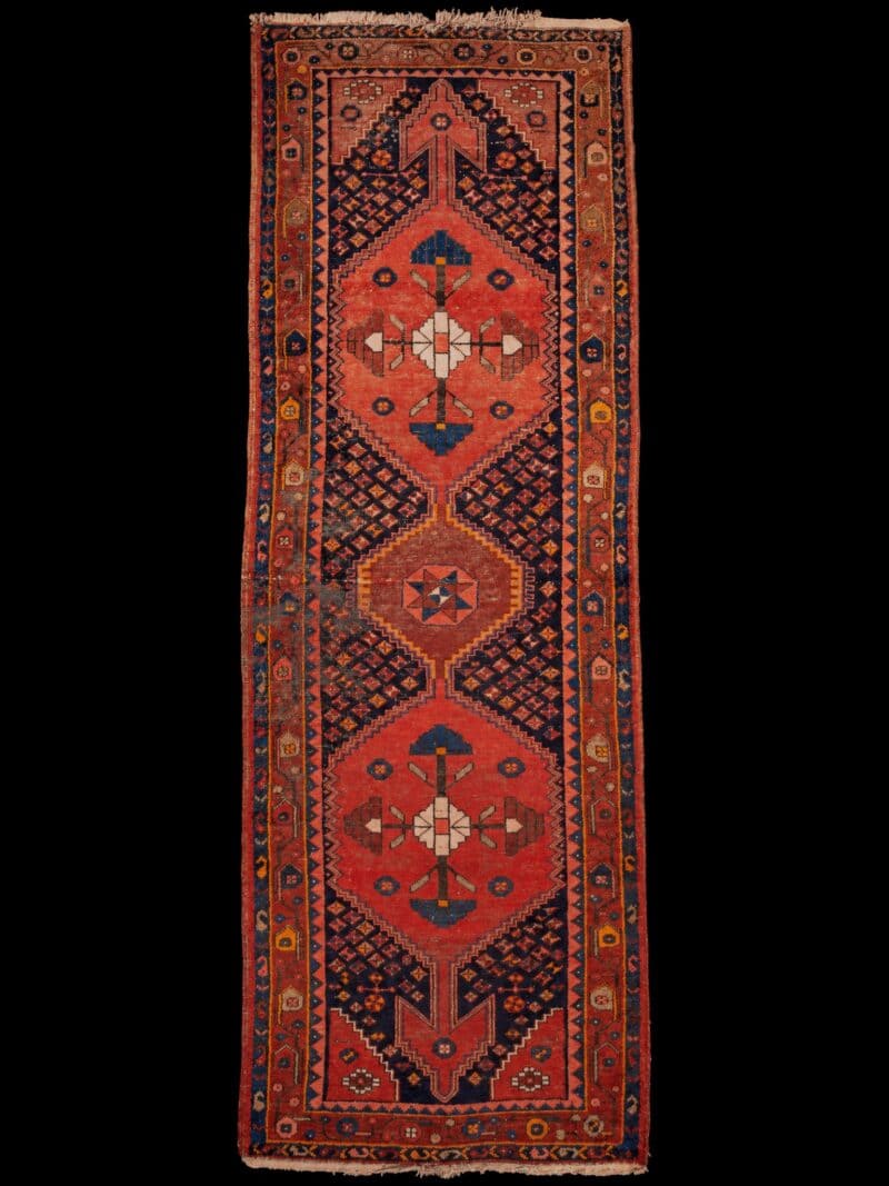 Punainen käsinsolmittu Hamadan-villamatto, 290 × 101 cm