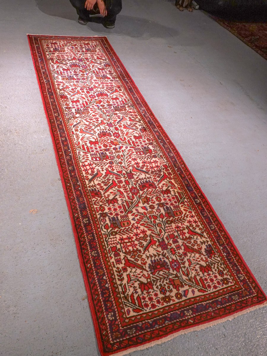 Punainen käsinsolmittu Hamadan-villamatto, 291 × 83 cm