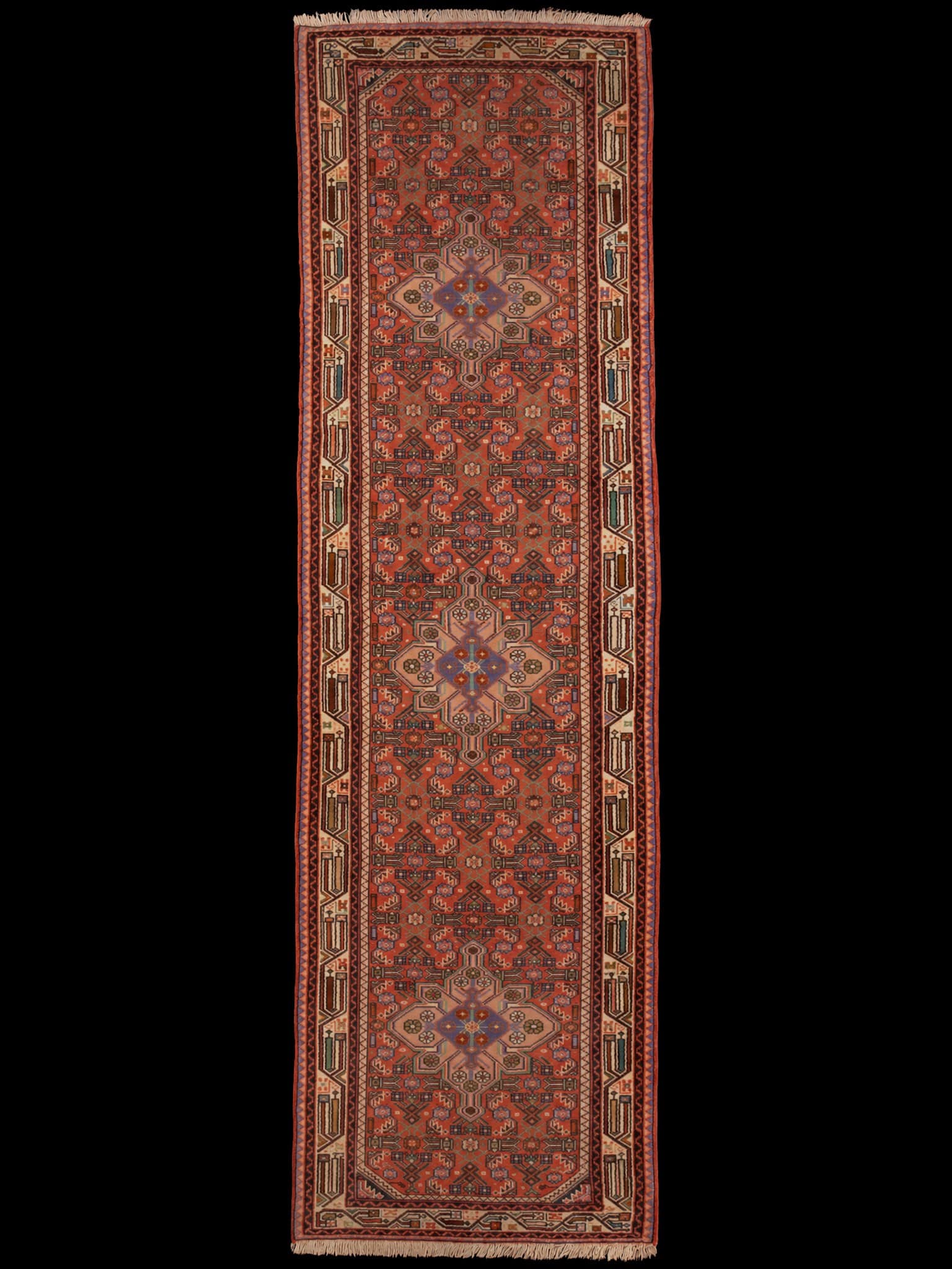 Punainen käsinsolmittu Hamadan-villamatto, 295 × 80 cm