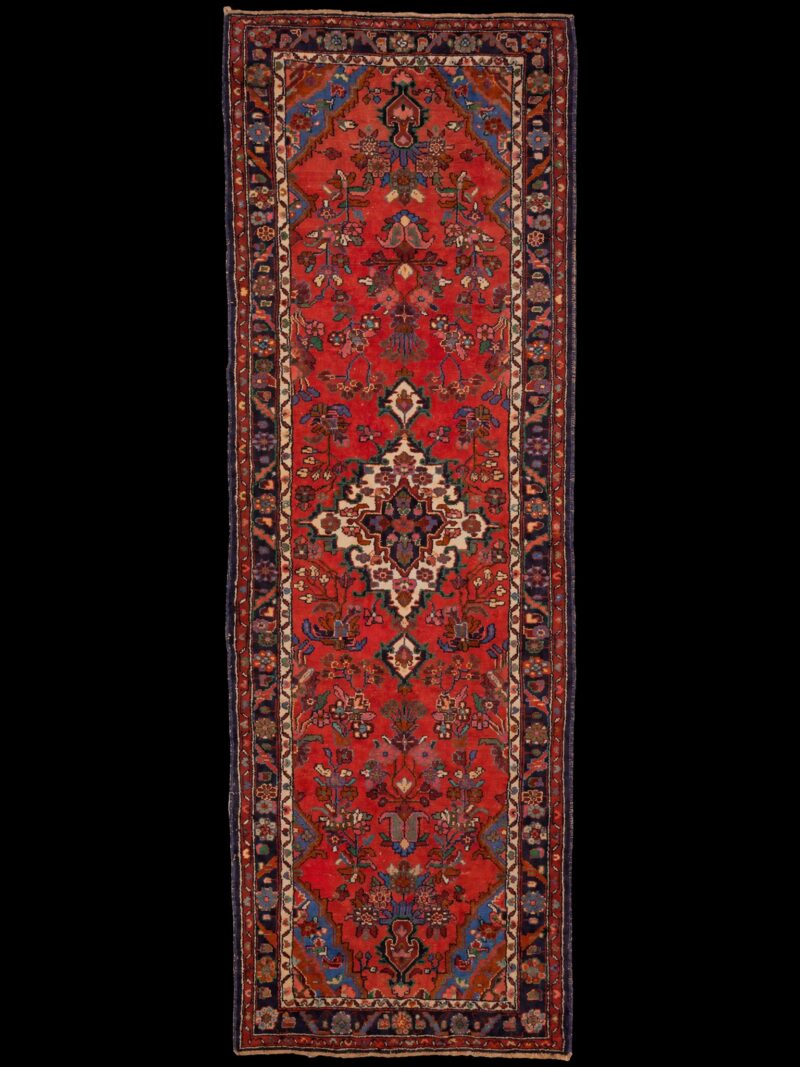Punainen käsinsolmittu Hamadan-villamatto, 297 × 106 cm