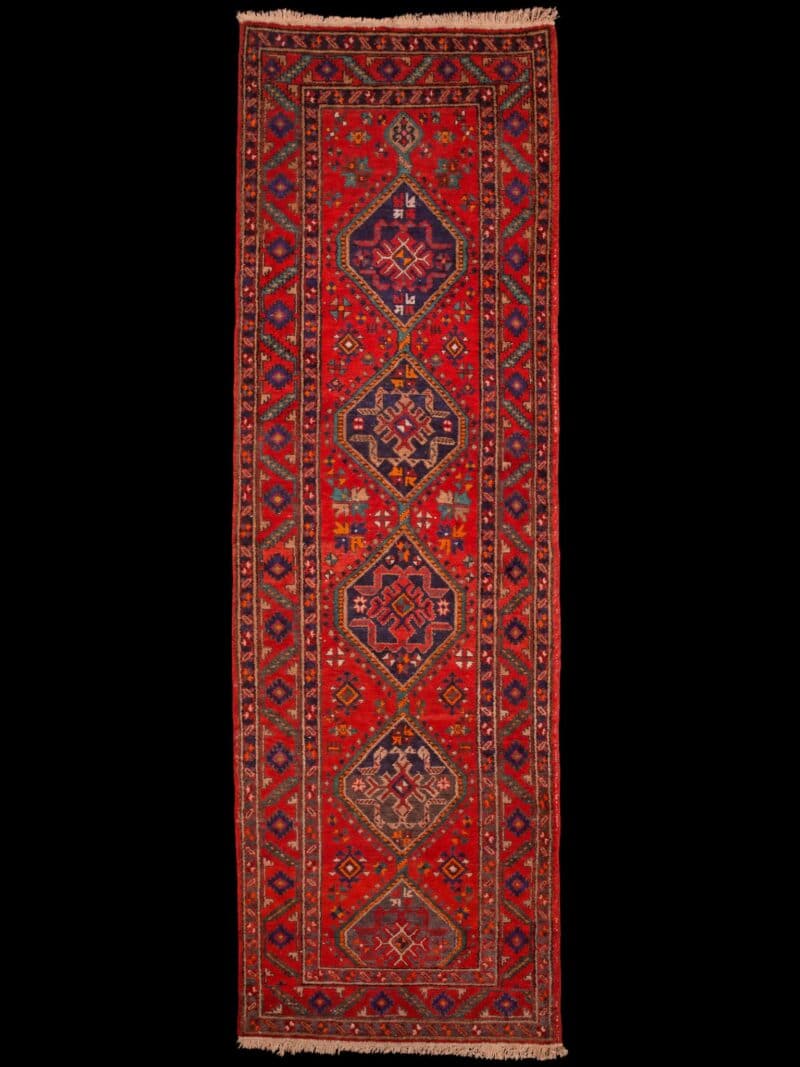 Punainen käsinsolmittu Heriz-villamatto, 325 × 97 cm