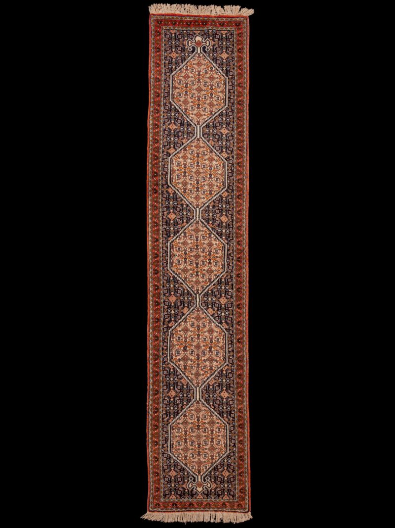 Punainen käsinsolmittu Senneh-villamatto, 260 × 54 cm