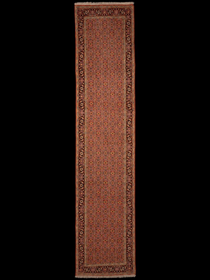 Punainen käsinsolmittu Bijar-villamatto, 396 × 89 cm