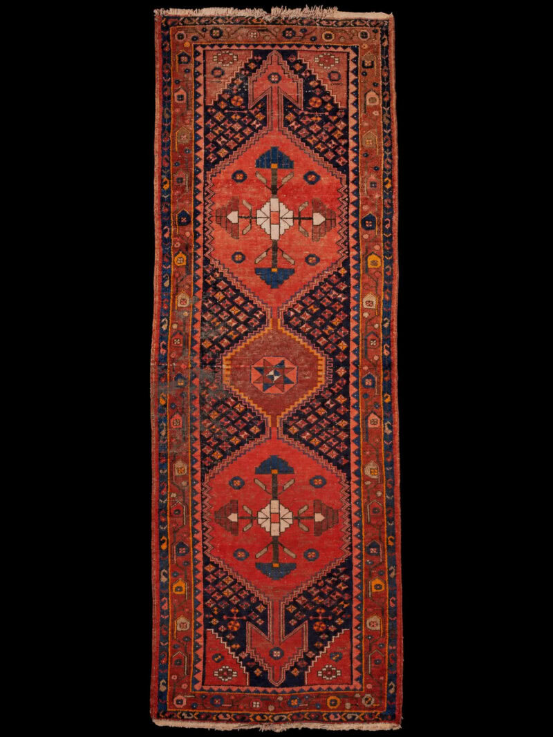 Punainen käsinsolmittu Hamadan-villamatto, 290 × 101 cm