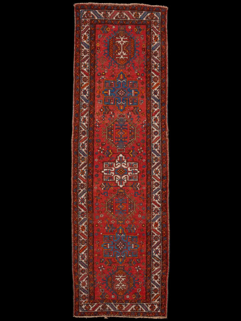 Punainen käsinsolmittu Heriz-villamatto, 327 × 103 cm