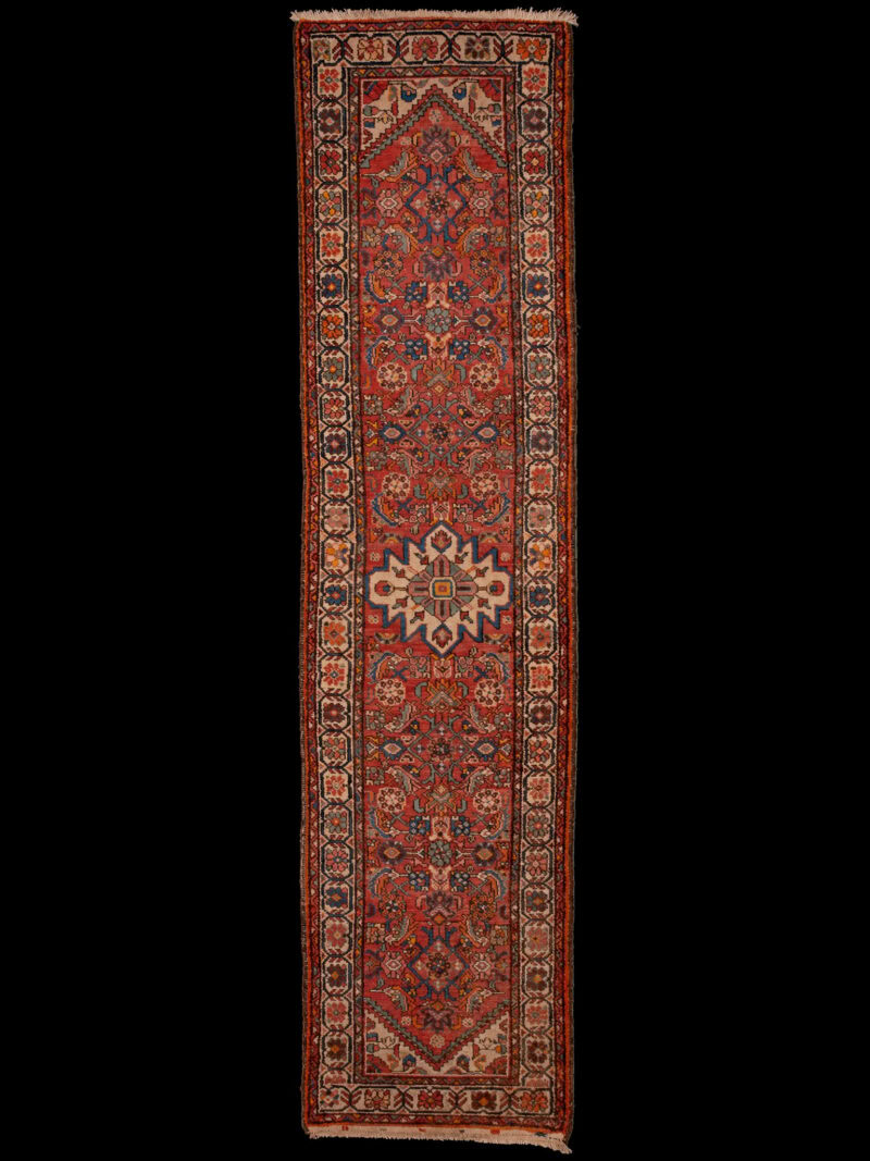 Punainen käsinsolmittu Hamadan-villamatto, 308 × 75 cm