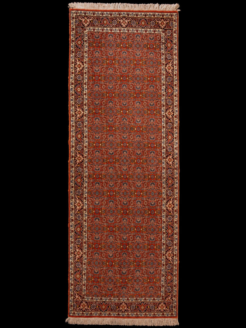 Punainen käsinsolmittu Bijar-villamatto, 250 × 92 cm