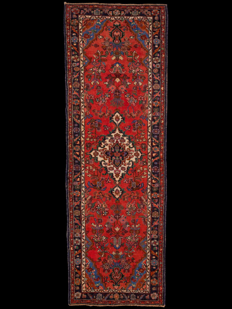 Punainen käsinsolmittu Hamadan-villamatto, 297 × 106 cm