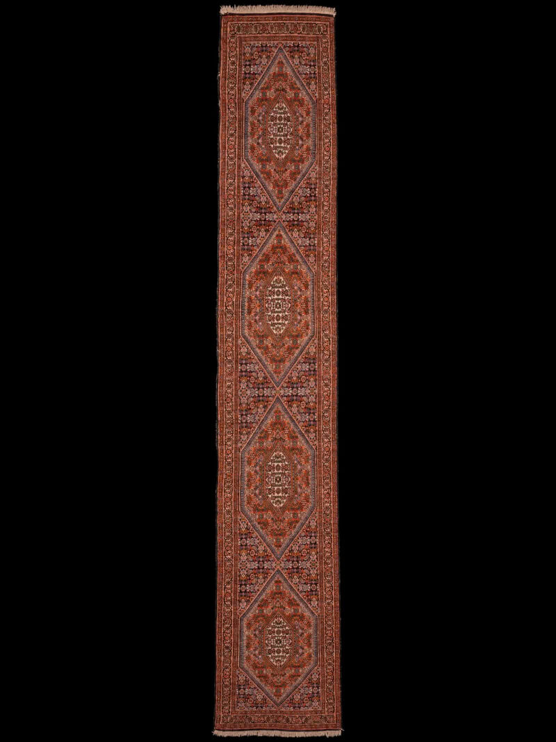 Punainen käsinsolmittu Bijar-villamatto, 380 × 56 cm