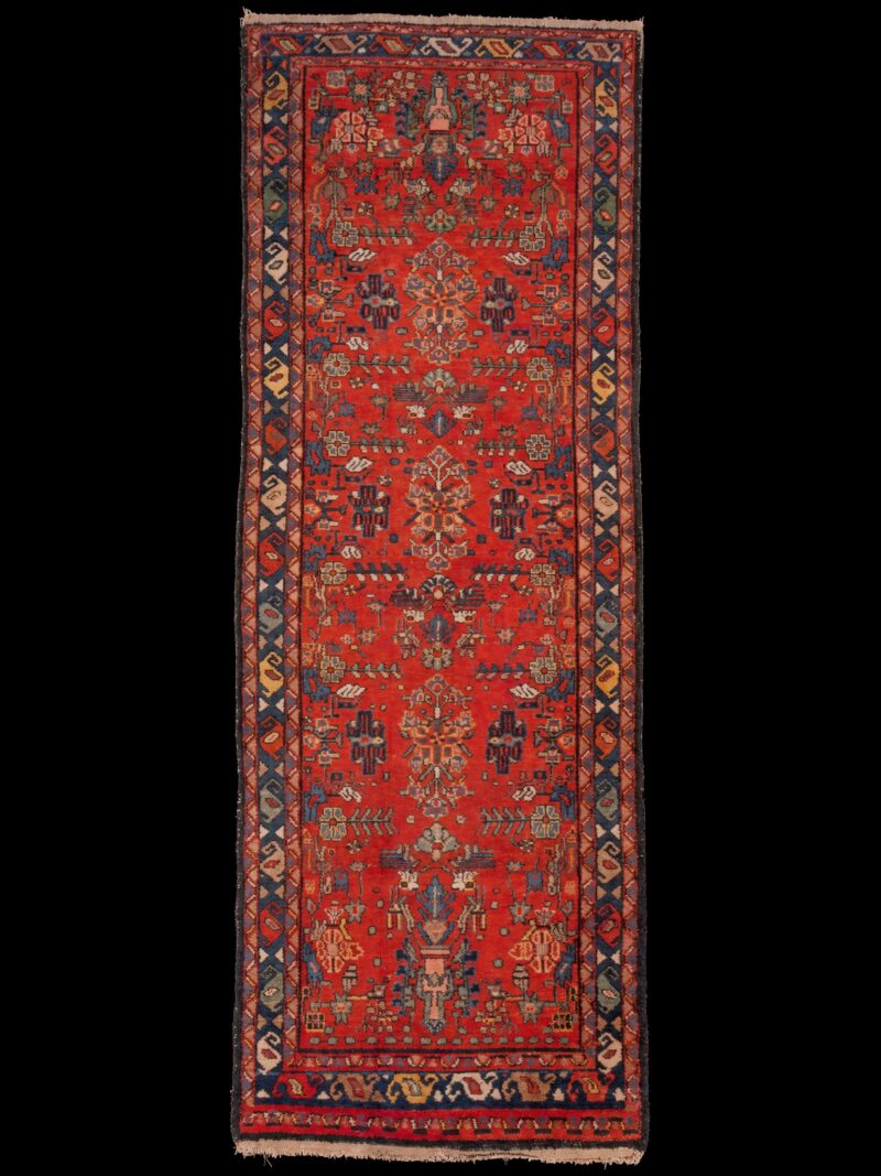 Punainen käsinsolmittu Hamadan-villamatto, 277 × 104 cm