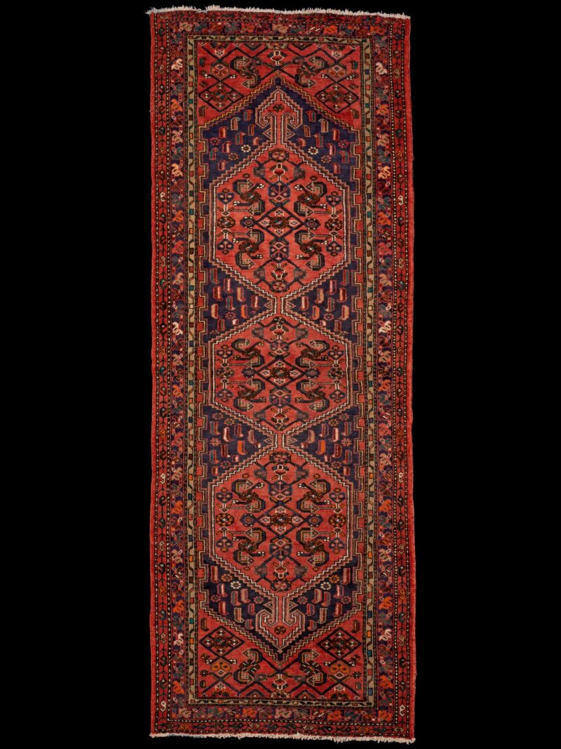 Punainen käsinsolmittu Hamadan-villamatto, 299 × 113 cm