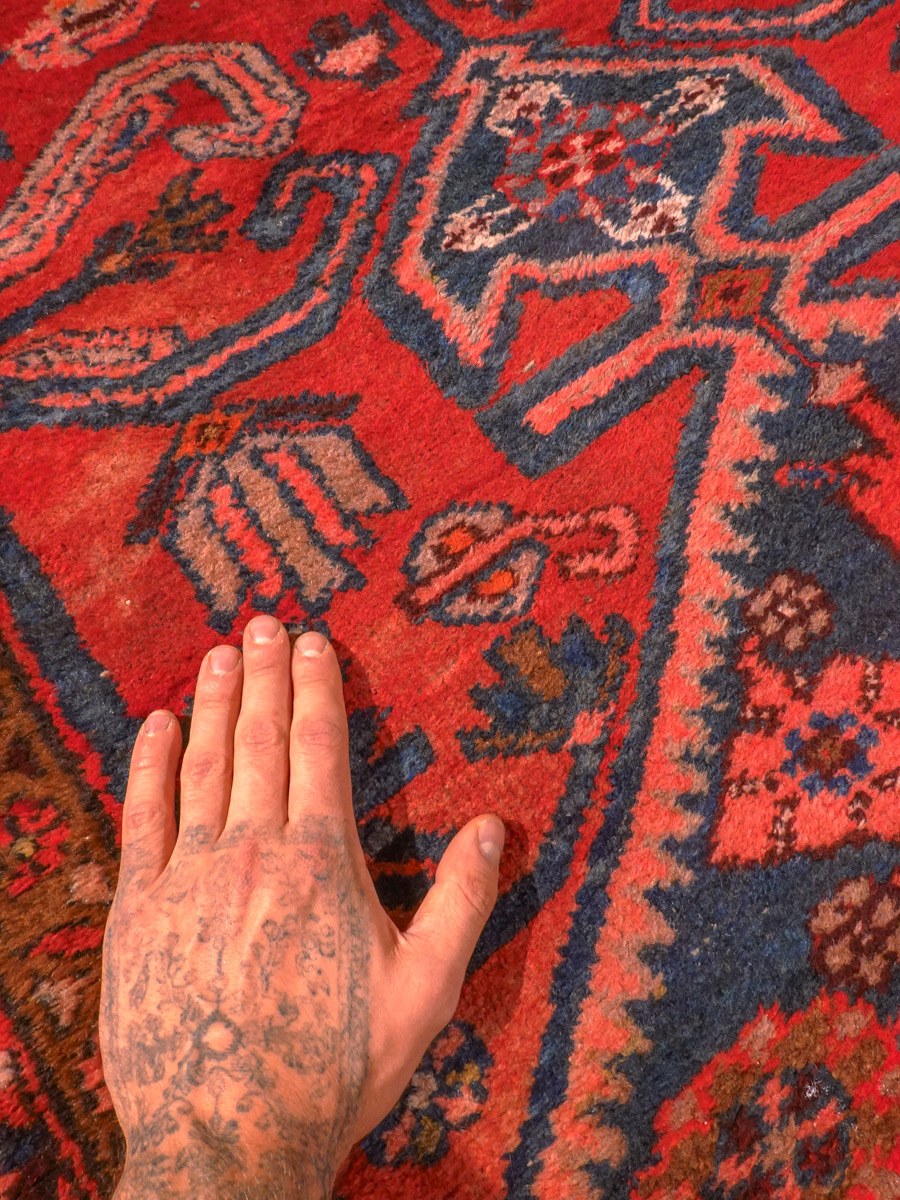 Punainen käsinsolmittu Hamadan-villamatto, 310 × 111 cm