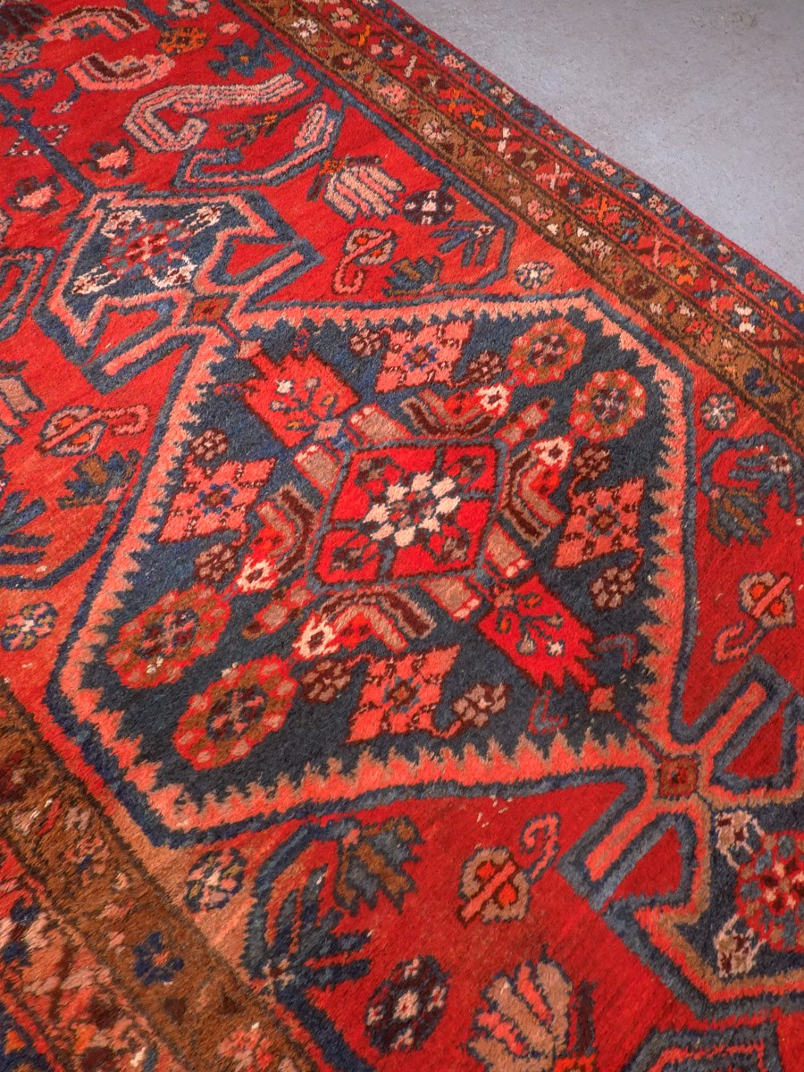 Punainen käsinsolmittu Hamadan-villamatto, 310 × 111 cm