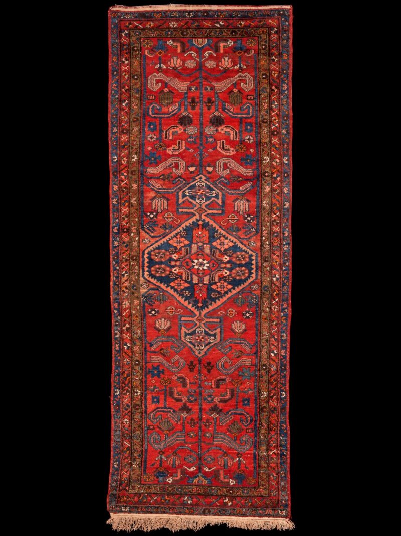 Punainen käsinsolmittu Hamadan-villamatto, 310 × 111 cm