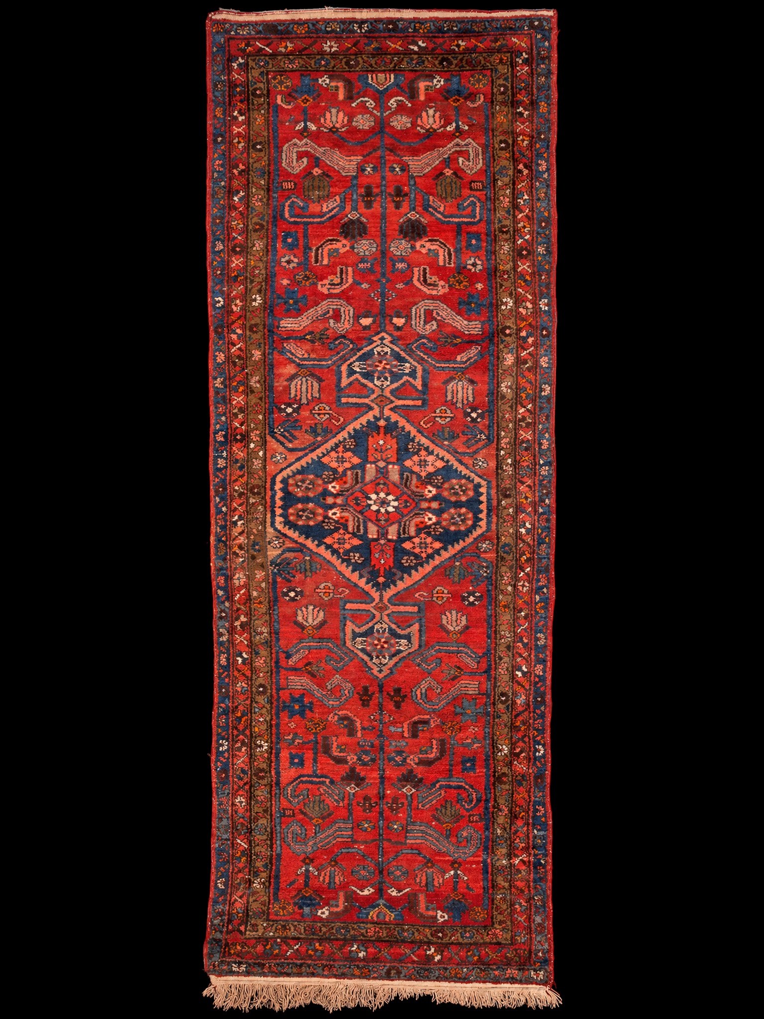 Punainen käsinsolmittu Hamadan-villamatto, 310 × 111 cm
