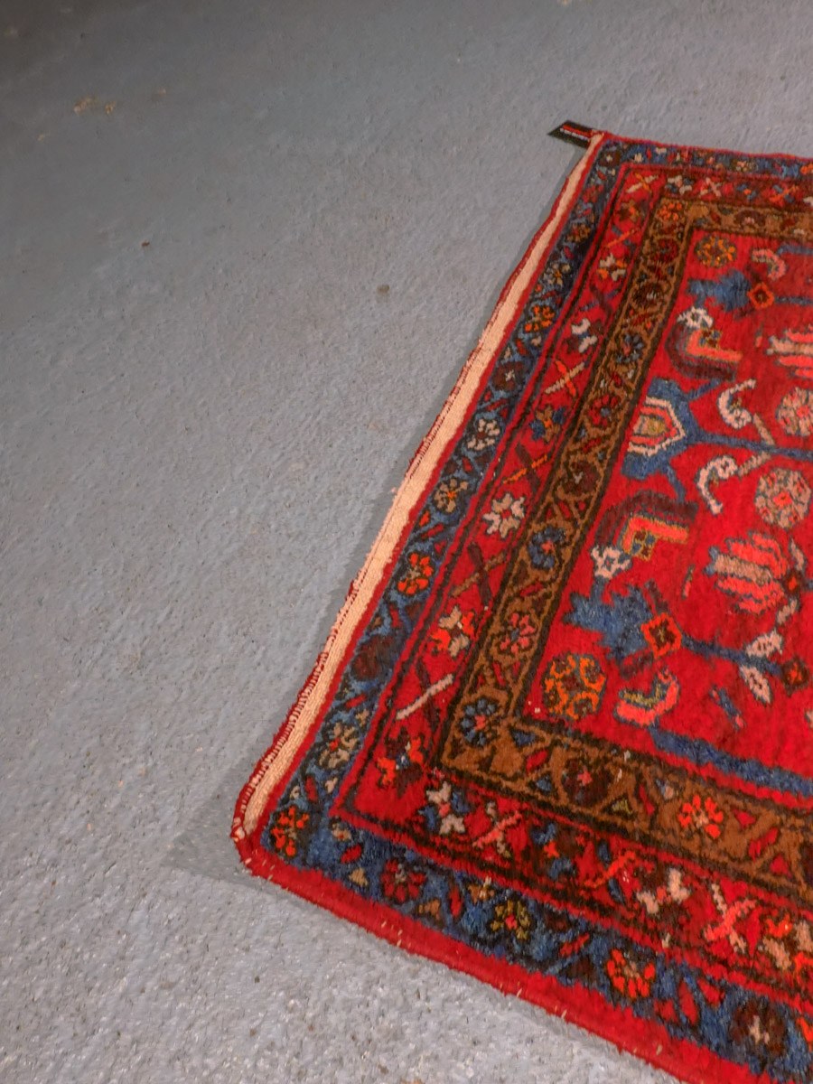Punainen käsinsolmittu Hamadan-villamatto, 310 × 111 cm