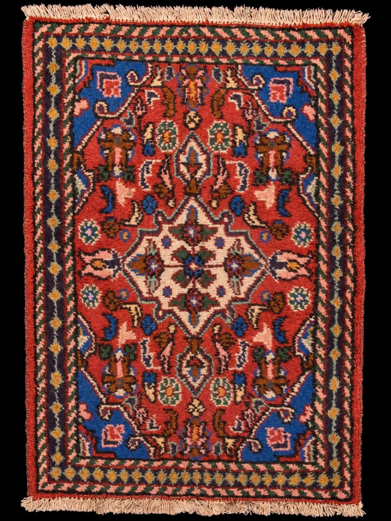Punainen käsinsolmittu Hamadan-villamatto, 84 × 60 cm