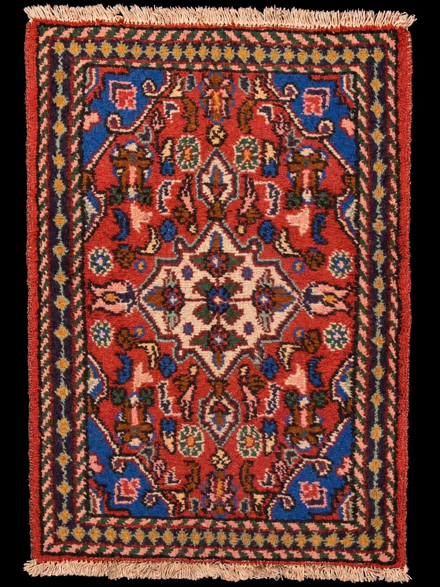 Punainen käsinsolmittu Hamadan-villamatto, 84 × 60 cm