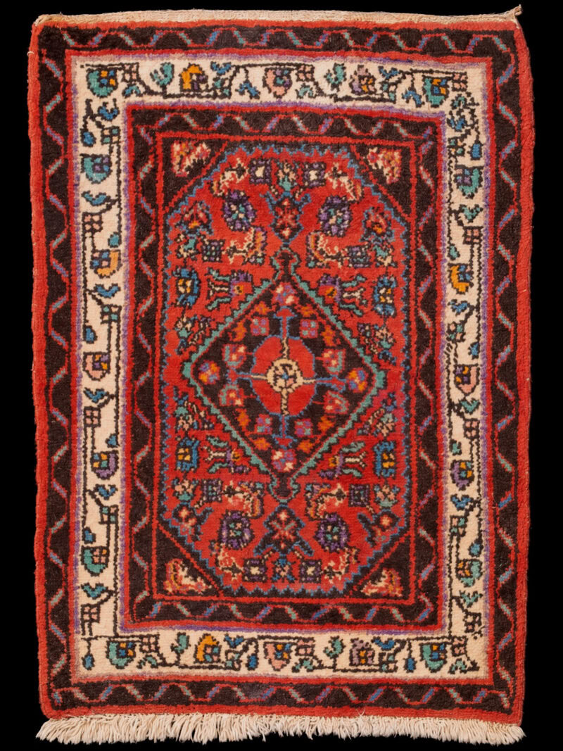 Punainen käsinsolmittu Hamadan-villamatto, 98 × 70 cm