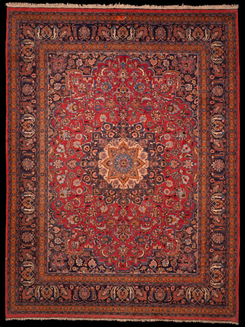 Punainen käsinsolmittu Meshed-villamatto, 390 × 296 cm
