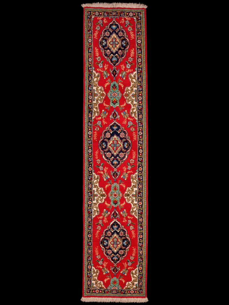 Punainen käsinsolmittu Tabriz-villamatto, 400 × 81 cm